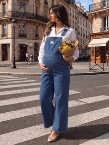 Momance Maternity Letter Print Pocket Casual Denim Overalls - Dark Wash - View 4