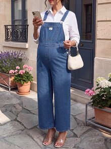 Momance Maternity Letter Print Pocket Casual Denim Overalls - Dark Wash - View 3
