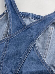 Momance Maternity Letter Print Pocket Casual Denim Overalls - Dark Wash - View 11