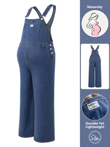 Momance Maternity Letter Print Pocket Casual Denim Overalls - Dark Wash - View 5