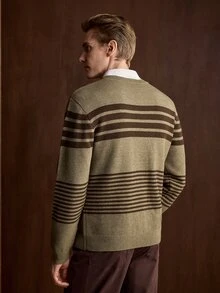 Manfinity CasualKnits 男士圓領懶人長袖套頭毛衣，休閒條紋針織秋冬服飾，秋冬棕色拼色時尚百搭耐穿橫條紋長袖套頭毛衣 - 彩色 - 查看 5