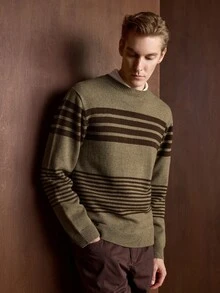 Manfinity CasualKnits 男士圓領懶人長袖套頭毛衣，休閒條紋針織秋冬服飾，秋冬棕色拼色時尚百搭耐穿橫條紋長袖套頭毛衣 - 彩色 - 查看 4