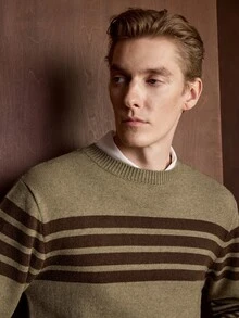 Manfinity CasualKnits 男士圓領懶人長袖套頭毛衣，休閒條紋針織秋冬服飾，秋冬棕色拼色時尚百搭耐穿橫條紋長袖套頭毛衣 - 彩色 - 查看 8
