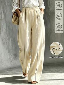 SHEIN Women's Wide-Leg Trousers In Apricot And Black, Perfect For Autumn, With A Bohemian Style, Suitable For Commuting, Beach Brunch, And Casual Occasions. - Apricot - View 5
