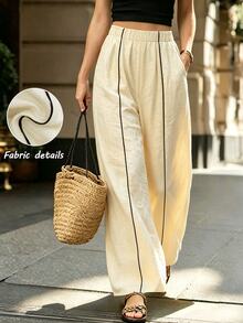SHEIN Women's Wide-Leg Trousers In Apricot And Black, Perfect For Autumn, With A Bohemian Style, Suitable For Commuting, Beach Brunch, And Casual Occasions. - Apricot - View 2