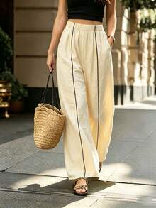 SHEIN Women's Wide-Leg Trousers In Apricot And Black, Perfect For Autumn, With A Bohemian Style, Suitable For Commuting, Beach Brunch, And Casual Occasions. - Apricot - View 6
