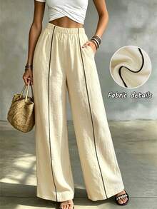 SHEIN Women's Wide-Leg Trousers In Apricot And Black, Perfect For Autumn, With A Bohemian Style, Suitable For Commuting, Beach Brunch, And Casual Occasions. - Apricot - View 8