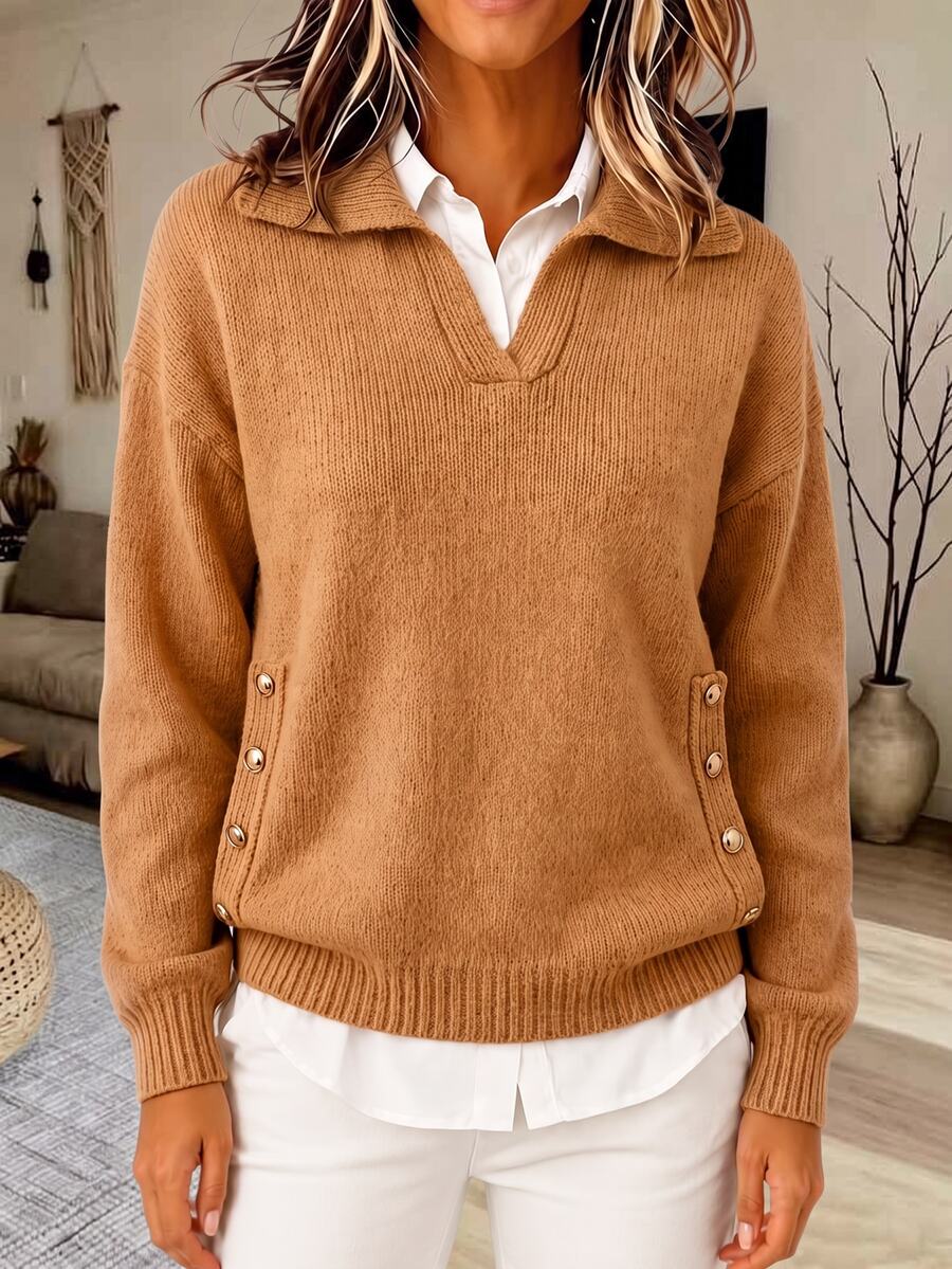 Holdful Holdful Pakaian Musim Gugur UNTUK Wanita: Sweater Lengan Panjang Kancing Bergaya Vintage untuk Wanita, Serbaguna - Rust Brown - View 1