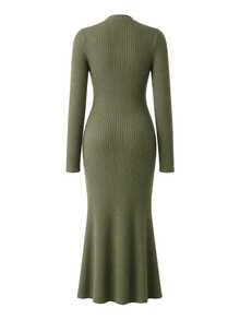 Momance Green Long Knitted Ribbed Maternity Dress, V-Neck Twisted Fish Tail Hem, Slimming Elegant, Autumn/Winter - Green - View 6