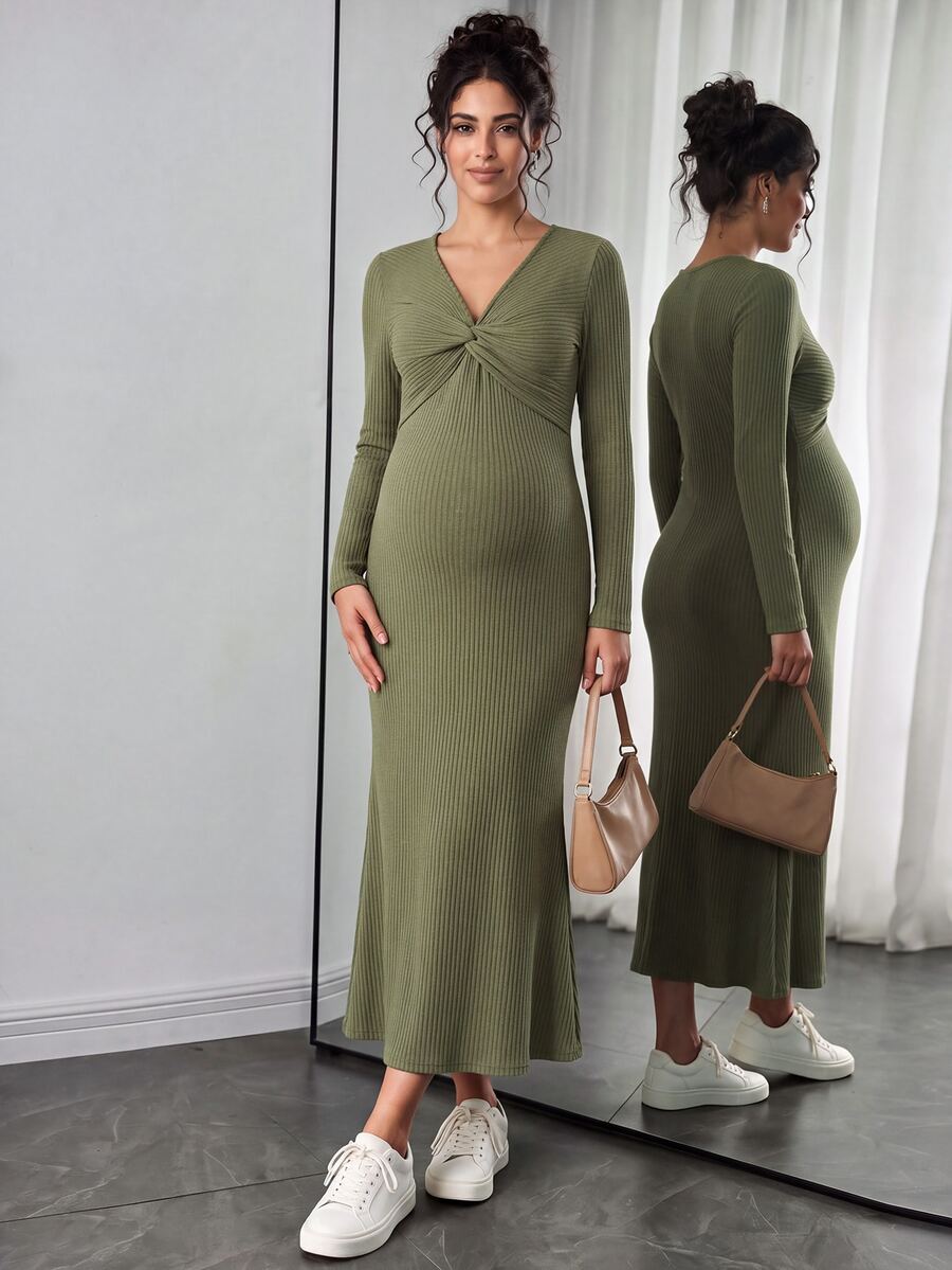 Momance Green Long Knitted Ribbed Maternity Dress, V-Neck Twisted Fish Tail Hem, Slimming Elegant, Autumn/Winter - Green - View 1