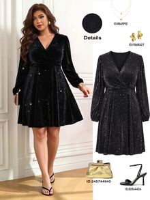 Femmeverse Plus Lantern Sleeve Glitter Dress Fall Cloth For Women - Black - View 1