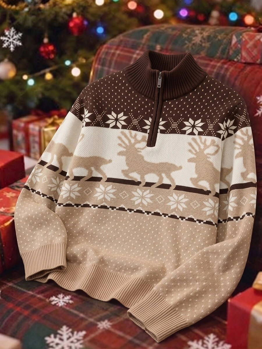 Manfinity Homme Men's Half-Zip Stand Collar Long Sleeve Pullover Sweater, Reindeer Jacquard Autumn/Winter Clothing, Christmas Style Autumn/Winter Coffee Color Contrast Fashionable Versatile Snowflake Pattern Long Sleeve Pullover Sweater - Multicolor - View 1