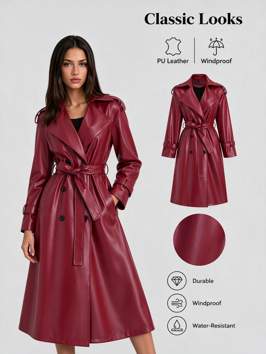 Sweetra Double Breasted Belted PU Leather Trench Coat - Red - View 1