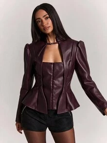 SHEIN BAE Fashionable Commuter Waist-Cinching Blazer - Burgundy - View 6