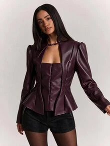 SHEIN BAE Fashionable Commuter Waist-Cinching Blazer - Burgundy - View 4