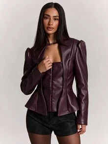 SHEIN BAE Fashionable Commuter Waist-Cinching Blazer - Burgundy - View 5