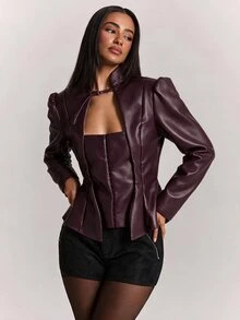 SHEIN BAE Fashionable Commuter Waist-Cinching Blazer - Burgundy - View 3