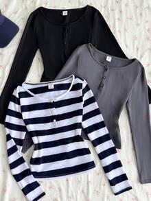 Kids Tween Girls T-Shirts Autumn, Autumn/Winter Halloween Christmas Party Casual Basic Button Placket Charcoal Grey Black Striped 3pcs -Piece Set - Multicolor - View 5