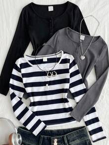 Kids Tween Girls T-Shirts Autumn, Autumn/Winter Halloween Christmas Party Casual Basic Button Placket Charcoal Grey Black Striped 3pcs -Piece Set - Multicolor - View 3