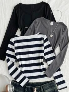 Kids Tween Girls T-Shirts Autumn, Autumn/Winter Halloween Christmas Party Casual Basic Button Placket Charcoal Grey Black Striped 3pcs -Piece Set - Multicolor - View 2