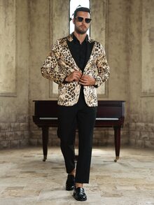 Manfinity AFTRDRK Men's Luxurious Party Leopard Print Gold Foil Single-Breasted Suit Jacket And Pants Set, Perfect Holiday Gift - Gold - View 1