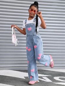 SHEIN Kids Tween Girl Pink Heart-Shaped Towel With Embroidery Pattern Blue Loose-Belted Denim Jeans - Blue - View 5