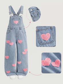 SHEIN Kids Tween Girl Pink Heart-Shaped Towel With Embroidery Pattern Blue Loose-Belted Denim Jeans - Blue - View 4