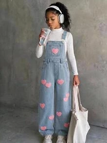 SHEIN Kids Tween Girl Pink Heart-Shaped Towel With Embroidery Pattern Blue Loose-Belted Denim Jeans - Blue - View 1