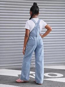 SHEIN Kids Tween Girl Pink Heart-Shaped Towel With Embroidery Pattern Blue Loose-Belted Denim Jeans - Blue - View 2