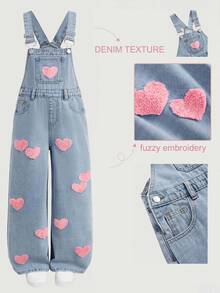 SHEIN Kids Tween Girl Pink Heart-Shaped Towel With Embroidery Pattern Blue Loose-Belted Denim Jeans - Blue - View 3