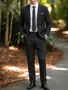 SHEIN 2pcs/Set Teen Boys Gentleman Outfit,Slim-Fit Single-Breasted Suit Jacket Dress Pants,Summer Formal Party Sixth Form Wear For Birthday,Wedding,Black - Black - View 2