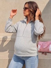 Momance GentleRue Maternity-D Women's Grey Stand Collar Half-Zip Maternity Sweatshirt, Autumn/Winter - Grey - View 2