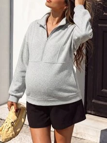 Momance GentleRue Maternity-D Women's Grey Stand Collar Half-Zip Maternity Sweatshirt, Autumn/Winter - Grey - View 3