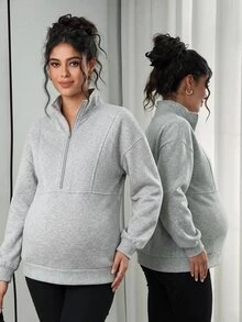 Momance GentleRue Maternity-D Women's Grey Stand Collar Half-Zip Maternity Sweatshirt, Autumn/Winter - Grey - View 1