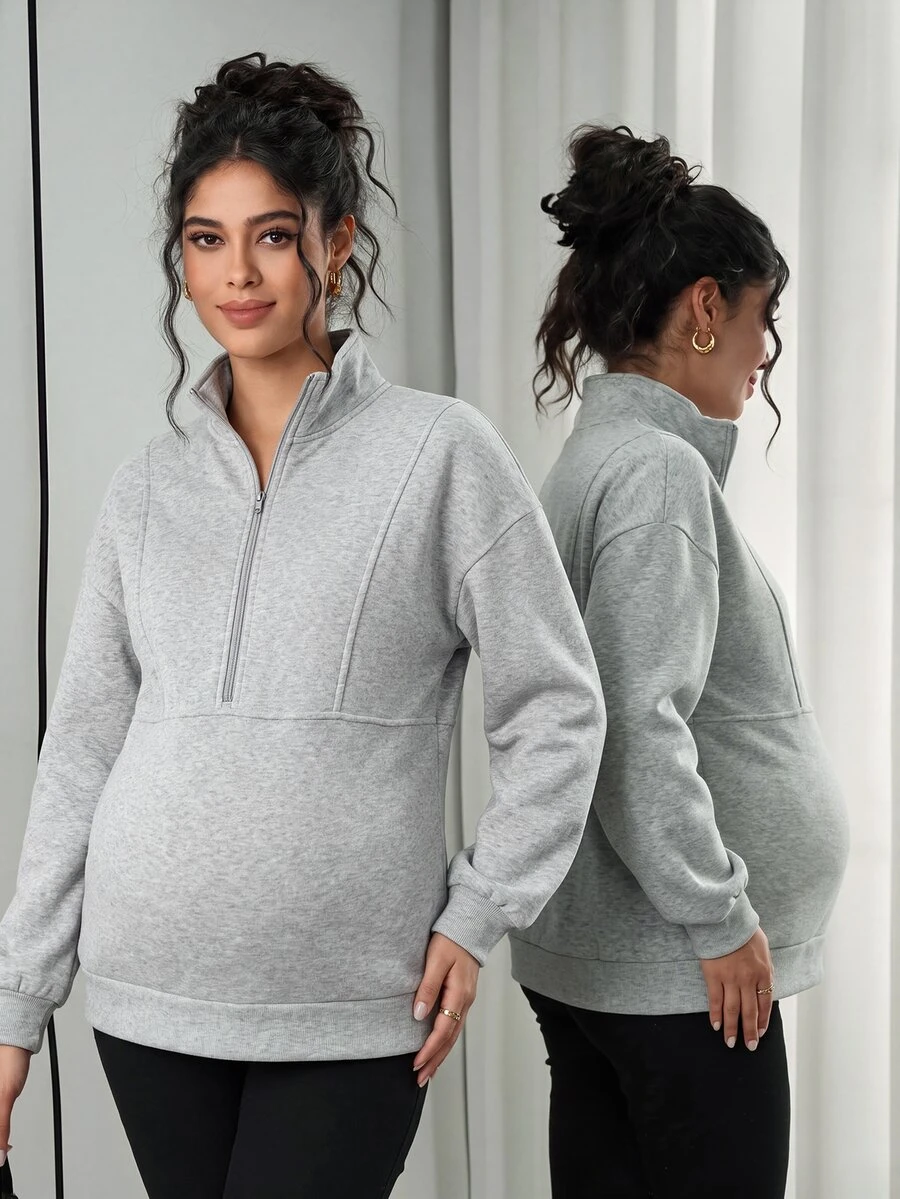 Momance GentleRue Maternity-D Women's Grey Stand Collar Half-Zip Maternity Sweatshirt, Autumn/Winter - Grey - View 1
