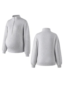 Momance GentleRue Maternity-D Women's Grey Stand Collar Half-Zip Maternity Sweatshirt, Autumn/Winter - Grey - View 6
