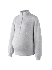Momance GentleRue Maternity-D Women's Grey Stand Collar Half-Zip Maternity Sweatshirt, Autumn/Winter - Grey - View 8