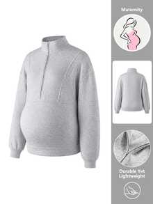 Momance GentleRue Maternity-D Women's Grey Stand Collar Half-Zip Maternity Sweatshirt, Autumn/Winter - Grey - View 4