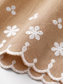 Miaspire 女款刺繡圓領短袖休閒優雅短洋裝 卡其色花卉 夏季野餐早午餐度假風 - 杏色 - 查看 3