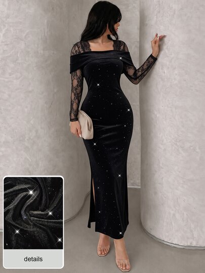Modelyn Autumn/Winter Sexy Lace Patchwork Square Neck Backless Velvet Glitter Long Sleeve Slim Fit Waist-Cinching Slit Elegant Evening Dress Women Long Dress