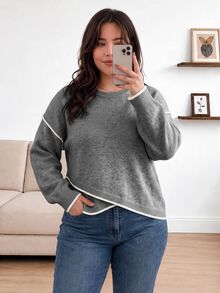 CosyJoli 大尺碼女款新款時尚設計十字繡杏色落肩寬鬆套頭毛衣，休閒極簡百搭上衣，適合秋冬 - 灰色 - 查看 3