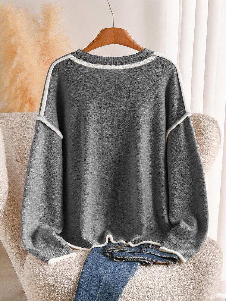 CosyJoli Plus Size Women's New Fashion Design Cross-Stitch Apricot Drop Shoulder Loose Pullover Sweater, Casual Minimalist Versatile Top For Autumn/Winter - Grey - View 2