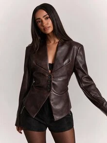SHEIN BAE Women's PU Leather Long Sleeve Single-Breasted Fashion Blazer - Brown - View 5