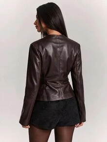 SHEIN BAE Women's PU Leather Long Sleeve Single-Breasted Fashion Blazer - Brown - View 2