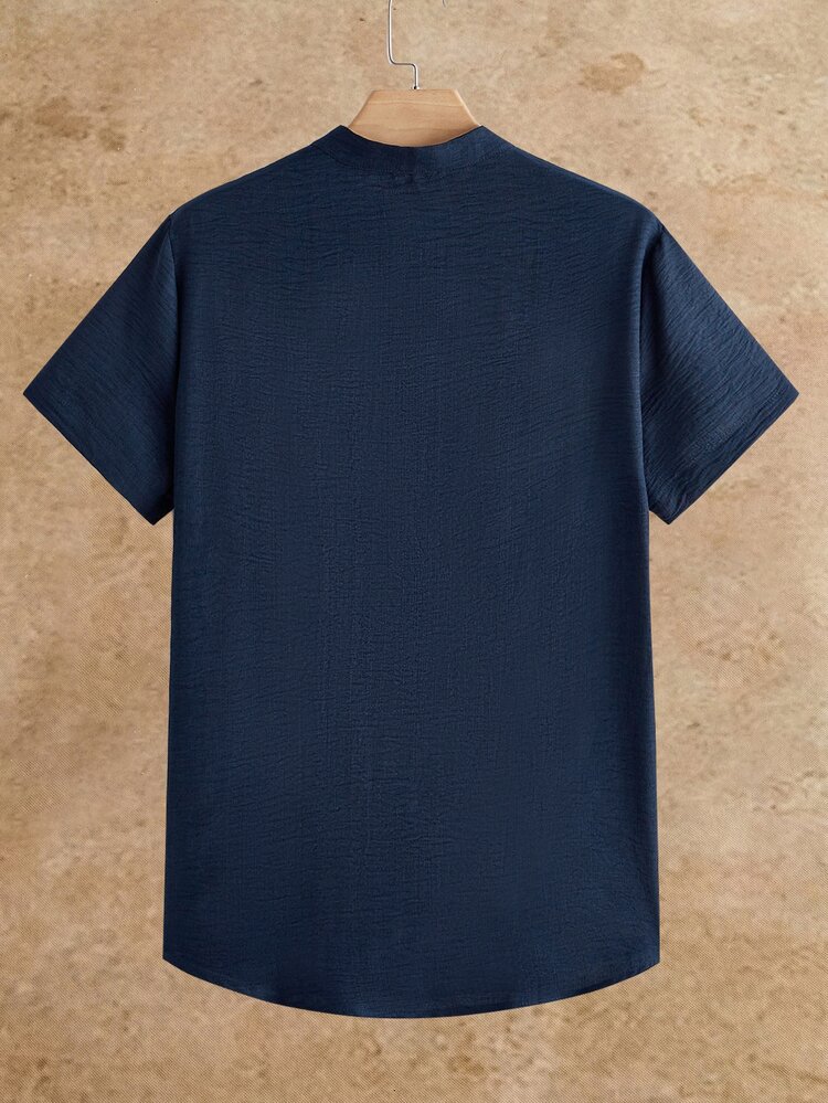 HIMLAND Men's Navy Blue Striped Short Sleeve Button Down Shirt,Summer Smart Casual Holiday Grandad Shirt Collarless Slim Fit Lightweight Breathable Beach Top - Blue - View 3