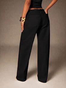 Denimoi Celana Jeans Denim Low Rise dengan Tepi Kasar, Jeans Seksi Terinspirasi Gaya 90-an Y2K - Hitam - View 5