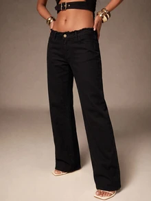 Denimoi Celana Jeans Denim Low Rise dengan Tepi Kasar, Jeans Seksi Terinspirasi Gaya 90-an Y2K - Hitam - View 4