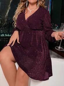SHEIN Clasi Plus Size Elegant Glitter Ruched Lantern Sleeve Dress, Autumn Burgundy Color Women Outfit Fall Cloth For Women - Burgundy - View 7