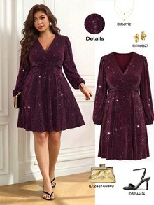 SHEIN Clasi Plus Size Elegant Glitter Ruched Lantern Sleeve Dress, Autumn Burgundy Color Women Outfit Fall Cloth For Women - Burgundy - View 1