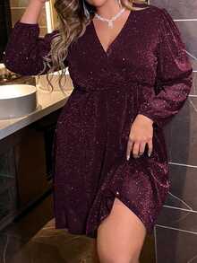 SHEIN Clasi Plus Size Elegant Glitter Ruched Lantern Sleeve Dress, Autumn Burgundy Color Women Outfit Fall Cloth For Women - Burgundy - View 3